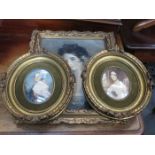 TWO HANDPAINTED OVAL MINIATURE PORTRAITS AND GILT FRAMED PRINT