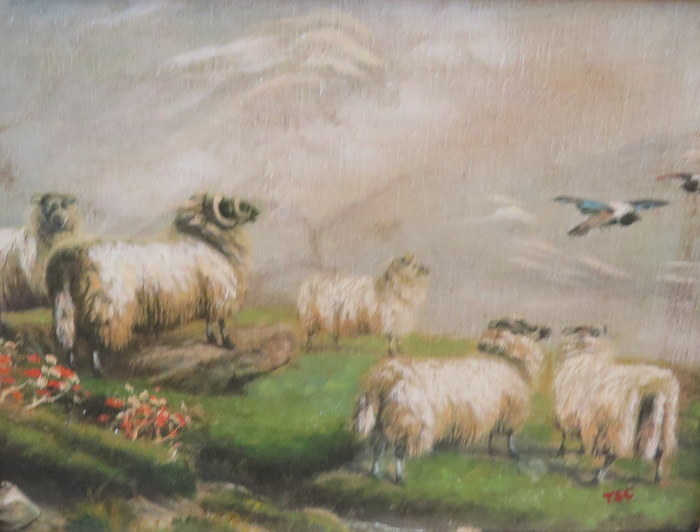 FRAMED OIL ON CANVAS DEPICTING A HIGHLAND SCENE INITIALED T.S.C.