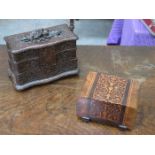 HEAVILY CARVED WOODEN JEWELLERY BOX + INLAID CASED CIGARETTE DISPENSER