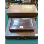 WOODEN ARTIST'S BOX AND CASED PART DRAWING SET AND WRITING SLOPE
