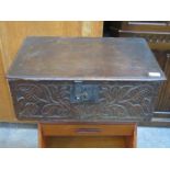 CARVED FRONTED ANTIQUE OAK BIBLE BOX CONTAINING FAMILY BIBLE