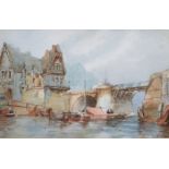 GILT FRAMED WATERCOLOUR DEPICTING A CONTINENTAL STYLE BRIDGE SCENE, SIGNED (INDISTINCT),