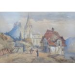 FRAMED WATERCOLOUR DEPICTING A VILLAGE SCENE WITH CASTLE IN DISTANCE SIGNED TO BOTTOM TO LEFT