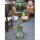 VICTORIAN STYLE RELIEF DECORATED JARDINIERE ON NON-MATCHING STAND