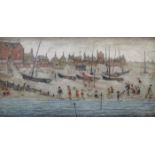 L S LOWRY, PENCIL SIGNED LIMITED EDITION POLYCHROME PRINT- THE BEACH, APPROXIMATELY 31cm x 54cm,