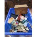 SUNDRY LOT INCLUDING RECORDS, ROYAL DOULTON CHARACTER JUGS, BRASS AND TREEN BOX, ETC.