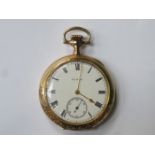 PRETTY YELLOW METAL ELGIN POCKET WATCH WITH ENGRAVED DECORATION
