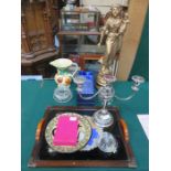 SUNDRY LOT INCLUDING ART DECO STYLE TRAY, BUTTERFLY WING NECKLACE, PLATED CANDELABRA,