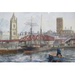 THOMAS H SHUTTLEWORTH, FRAMED WATERCOLOUR DEPICTING GEORGE'S DOCK, LIVERPOOL WATERFRONT,