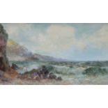 J HUGHES CLAYTON, FRAMED WATERCOLOUR DEPICTING A COASTAL SCENE WITH CRASHING WAVES,