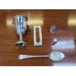 MIXED LOT OF SILVER INCLUDED SMALL TROPHY - SPOON - THIMBLES ETC...