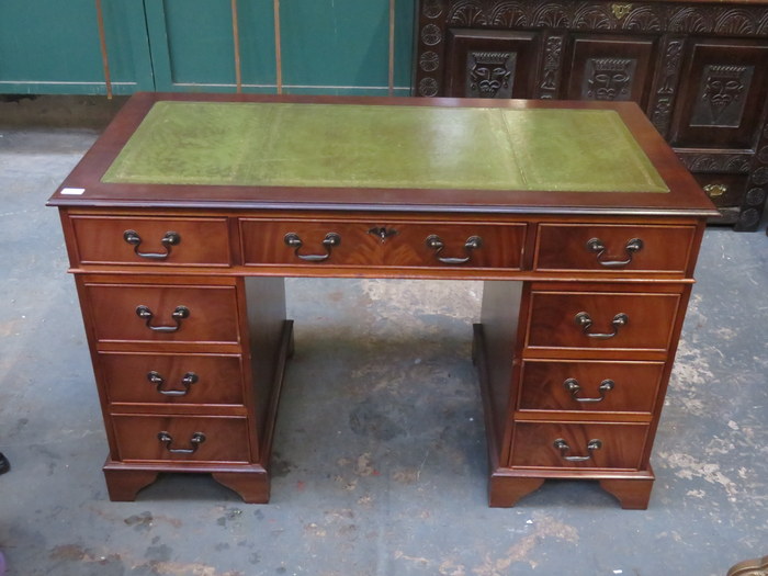 REPRODUCTION NINE DRAWER LADIES PEDESTAL WRITING DESK WITH GILDED GREEN LEATHER INSERT