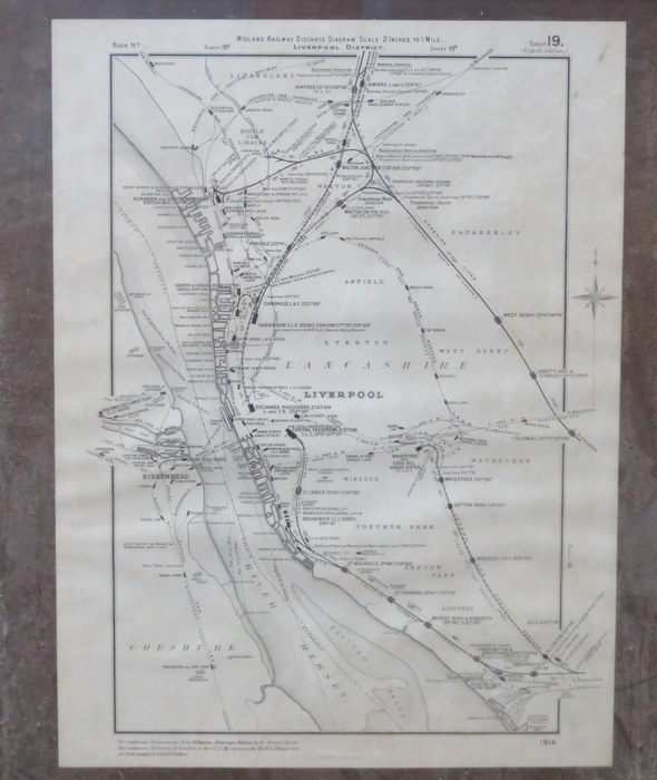 FRAMED MIDLAND RAILWAY DISTANCE DIAGRAM - LIVERPOOL DISTRICT 1914