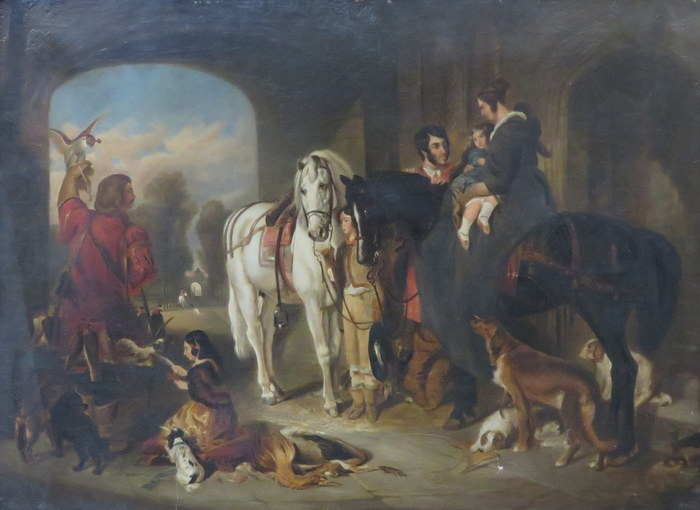 LARGE VICTORIAN GILT FRAMED OIL ON CANVAS DEPICTING A BUSY STABLE SCENE, UNSIGNED.