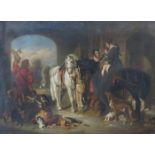 LARGE VICTORIAN GILT FRAMED OIL ON CANVAS DEPICTING A BUSY STABLE SCENE, UNSIGNED.
