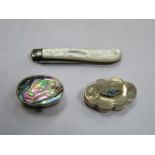 SILVER AND MOTHER OF PEARL PEN KNIFE AND TWO PRETTY ENAMELLED PILL BOXES