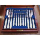 MAHOGANY CASED SET OF TWELVE PRETTY BONE HANDLED SILVER PLATED DESERT KNIVES AND FORKS