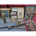 PARCEL OF BRASS FIRESIDE ITEMS PLUS VARIOUS PICTURES AND PRINTS