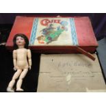 ARMAND MARSEILLE PORCELAIN HEADED DOLL AND GOJEE BOARD GAME ETC.
