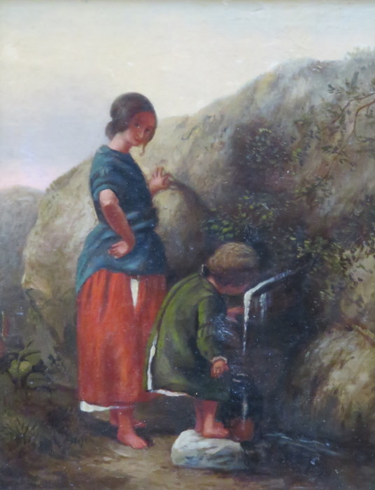 FRAMED OIL ON CANVAS DEPICTING A YOUNG WOMAN AND CHILD FETCHING WATER,