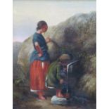 FRAMED OIL ON CANVAS DEPICTING A YOUNG WOMAN AND CHILD FETCHING WATER,