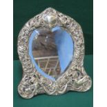 HALLMARKED SILVER PIERCE WORK AND REPOUSSE DECORATED HEART FORM FREE STANDING MIRROR
