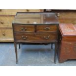 BOW FRONTED MAHOGANY THREE DRAWER SIDE TABLE ON CABRIOLE SUPPORTS