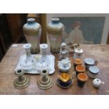 SUNDRY LOT OF CERAMICS AND SILVER PLATED CANDLE STANDS, ETC.