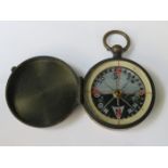 DECORATIVE MILITARY STYLE BRASS CASED FIELD COMPASS WITH MOTHER OF PEARL DECORATED DIAL,