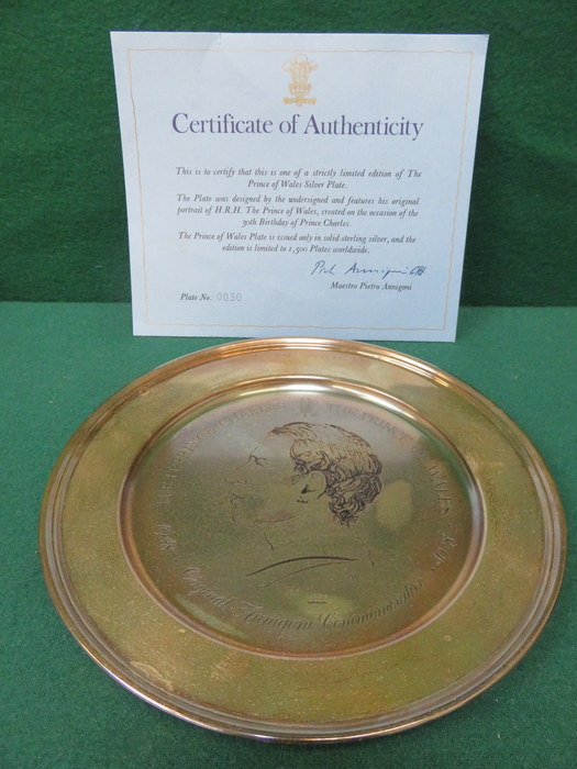 BOXED LIMITED EDITION HALLMARKED SILVER PRINCE OF WALES PLATE TO CELEBRATE HIS 30th BIRTHDAY,