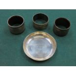 HALLMARKED SILVER HMS SCOTT RECEIVER AND THREE NAPKIN RINGS