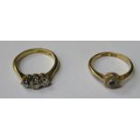 18ct GOLD THREE STONE DIAMOND RING AND ANOTHER 18ct GOLD DRESS RING