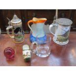 TWO CERAMIC TANKARDS, MYOTT JUG, ETC.