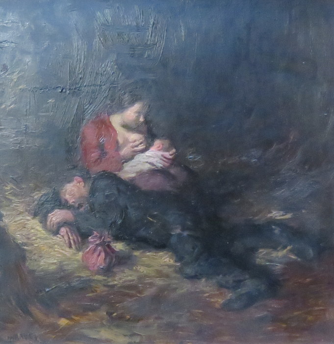 GILT FRAMED OIL ON BOARD- MOTHER FEEDING, BEARING SIGNATURE H HARVEY TO BOTTOM LEFT,