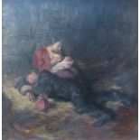 GILT FRAMED OIL ON BOARD- MOTHER FEEDING, BEARING SIGNATURE H HARVEY TO BOTTOM LEFT,