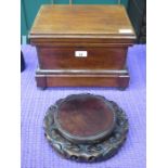 FITTED MAHOGANY STORAGE BOX WITH CONTENTS + CARVED ORIENTAL STAND