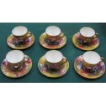 SET OF SIX HANDPAINTED AND GILDED ROYAL DOULTON CERAMIC COFFEE CUPS AND SAUCERS,