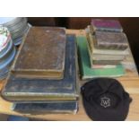 TWO OLD BIBLES AND OTHER VOLUMES AND TWO CAPS