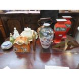 SUNDRY LOT INCLUDING FIGURES, COPPER KETTLE, VICTORIAN VASE AND BRASSWARE, ETC.