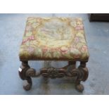 ANTIQUE CARVED WOODEN FRAMED DRESSING STOOL WITH DECORATIVE TAPESTRY SEAT