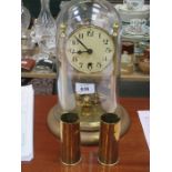 DOMED BRASS MANTLE CLOCK AND PAIR OF TRENCH ART VASES