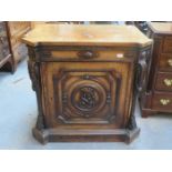 CARVED FRONTED ANTIQUE WALNUT VENEERED SINGLE DOOR SINGLE DRAWER LINEN CABINET