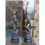 PAIR OF FRENCH SPELTER FIGURES ON EBONISED STANDS- LE JOUR AND LA NUIT,