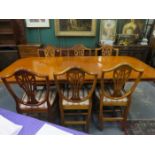 REPRODUCTION YEW WOOD COLOURED EXTENDING DINING TABLE WITH ONE LEAF & SIX CHAIRS