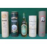 FIVE VARIOUS UNOPENED BOTTLES OF WHISKY INCLUDING LONGMORN, GLENFIDDICH, ABERLOUR,