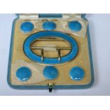 CASED HALLMARKED SILVER AND BLUE ENAMELLED BELT BUCKLE PLUS BUTTON SET,