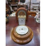 OAK BAROMETER AND TWO MANTEL CLOCKS