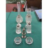 PARCEL OF SILVER MOUNTED GLASS DRESSING JARS, OPEN SALTS AND SHAKER, ETC.