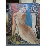 UNFRAMED PAINTING ON CANVAS DEPICTING A NUDE LADY WITH APPLE BEARING A SIGNATURE - KADAR BELFI