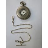 HALLMARKED SILVER AND ENAMELLED HALF HUNTER POCKET WATCH AND ALBERT CHAIN
